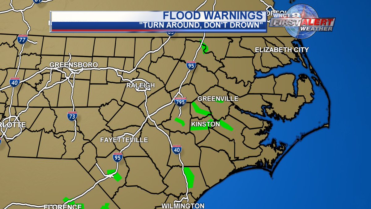 wnct9's tweet photo. FLOOD WARNINGS TO BE AWARE OF...
There are some isolated showers forecast to be on the way for the late afternoon and evening. However, a steadier rainfall will likely move in by the overnight. Keep a close eye on those swollen rivers, creeks, and streams tonight.

#firstalert9 https://t.co/SYYMYDFWfj