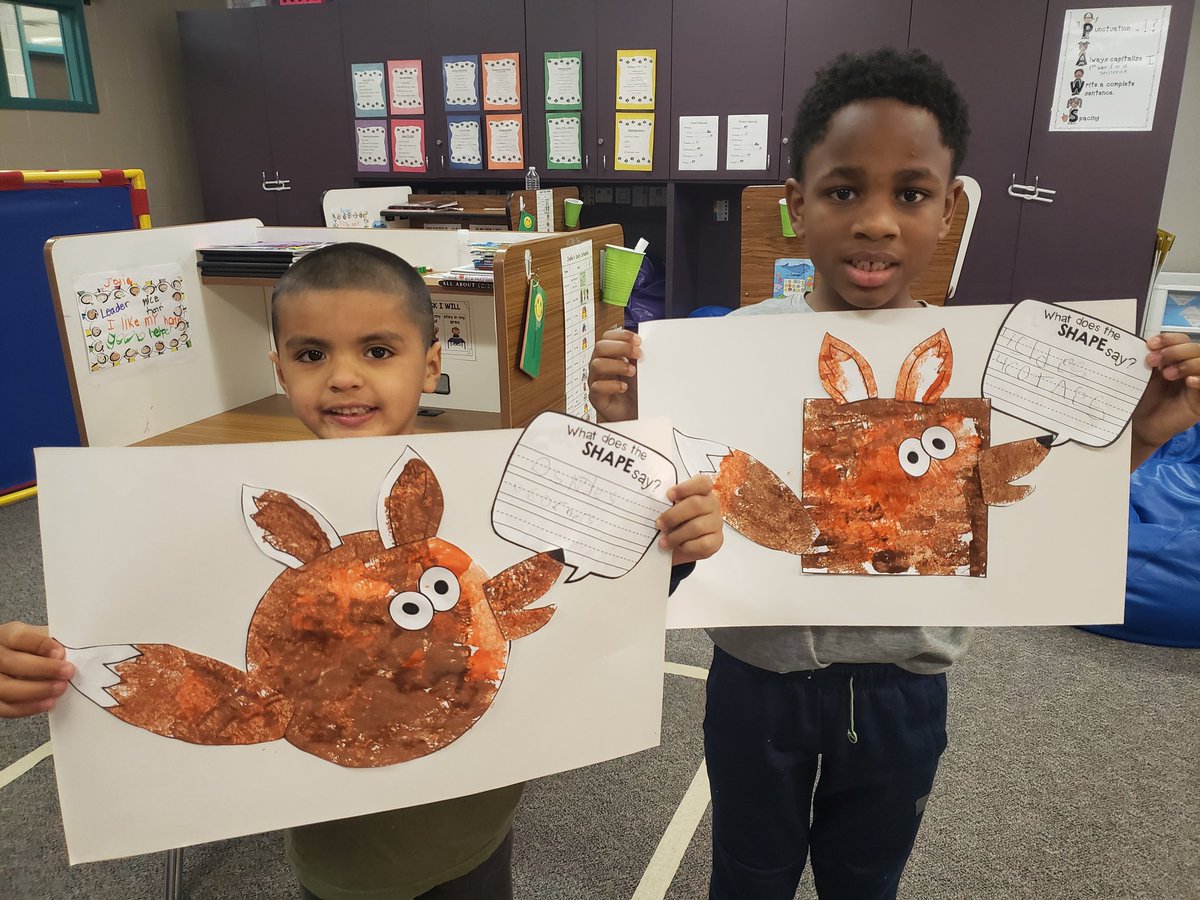 MrsSchmidt_CE's tweet photo. What does the SHAPE say??? Working hard learning about 2D shapes &amp; a little Fun Friday making a shapes into foxes. Also, painting rocks to make into rock buddies to go along with our science lesson for the week! @MsErin_MBE #mbebears2020 #mbeisfamily #LightTheWay #HumbleISD_MBE https://t.co/vbI8zEAI6A