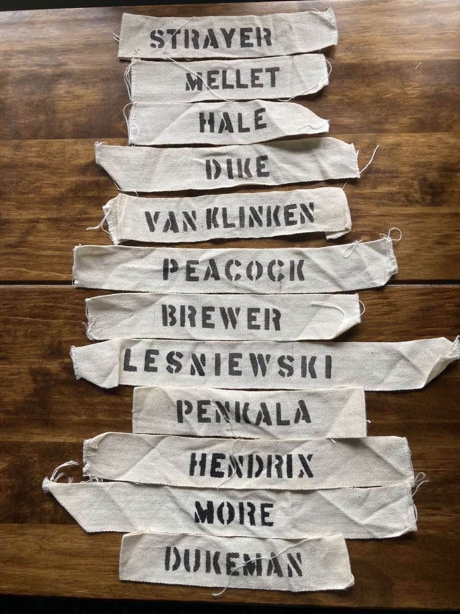 FITHproductions's tweet photo. 12 original Band of Brothers name tapes taken from some of the costumes from filming over 20 years ago. I just sold them to collector this weekend. #bandofbrothers #hbo #tv #tvboxset #cast #TVseries #easycompany #costume #film #FilmTwitter https://t.co/Pu4C0QX7NC
