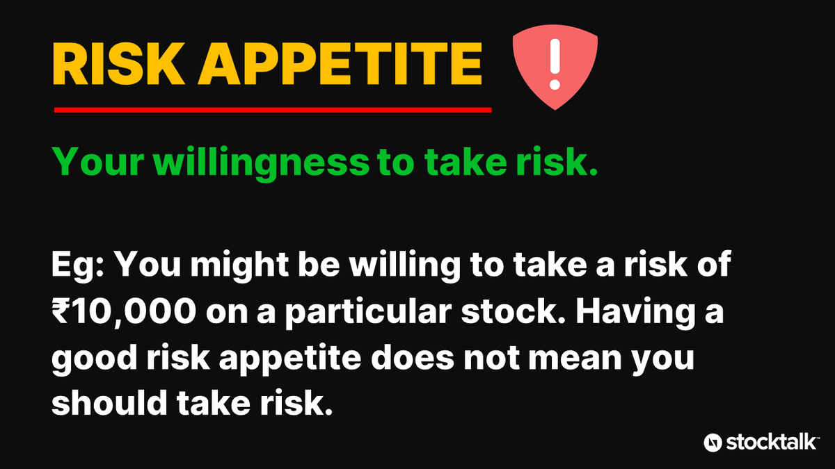  RISK MANAGEMENT BASICSRisk Appetite | Risk Capacity | Risk Tolerance RISK APPETITE Your willingness to take risk.Eg: You might be willing to take a risk of ₹10,000 on a particular stock. Having a good risk appetite does not mean you should take risk.(1/3)