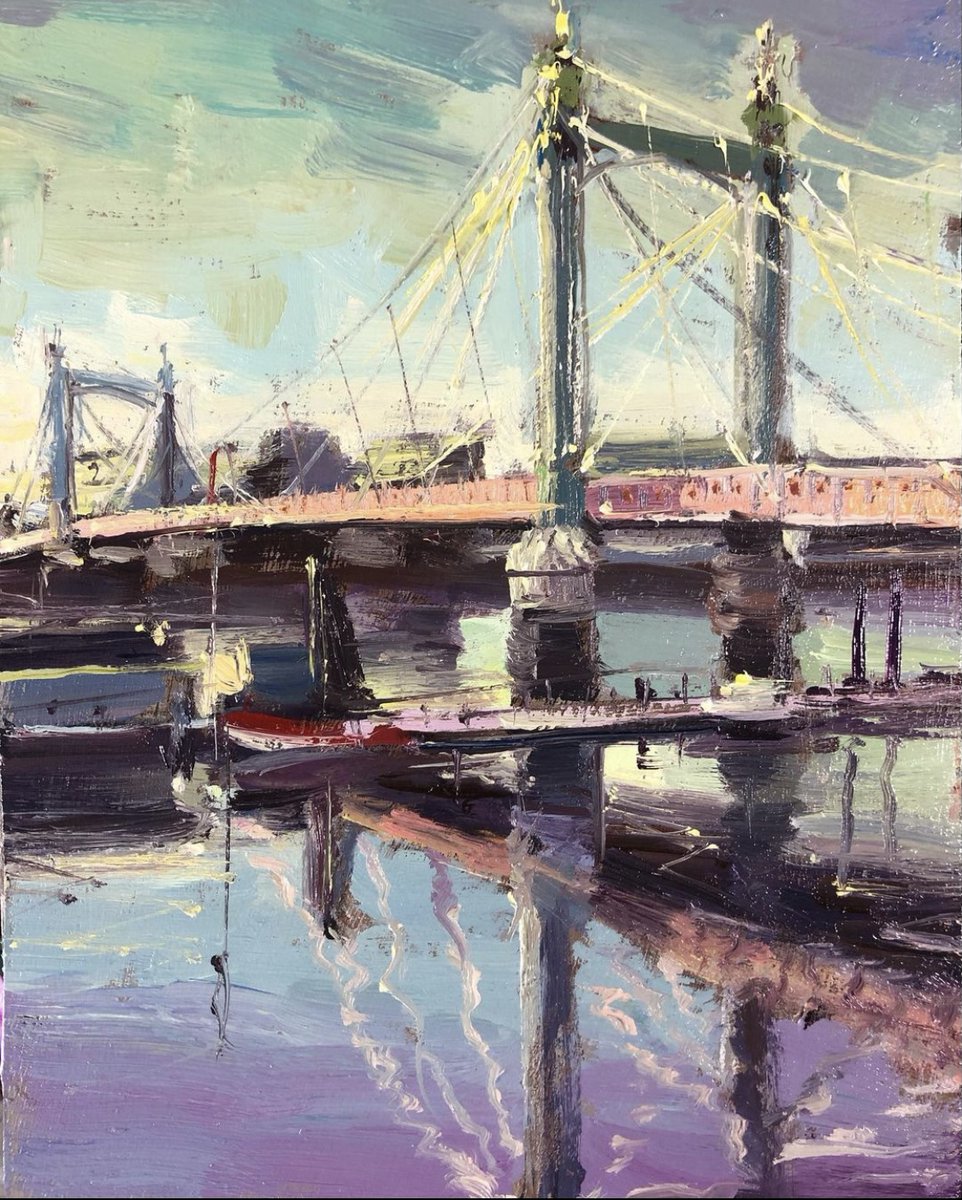 Art on the River - 'Albert Bridge Morning Light' by <a href="/adebanjisketch/">adebanji alade</a>, Vice President of the Royal Institute of Oil Painting <a href="/InstituteRoi/">ROI</a>. Beautiful colours of Albert Bridge reflected on the River Thames.

--

#oilpaint #albertbridge #cadoganpier #riverthames #london
