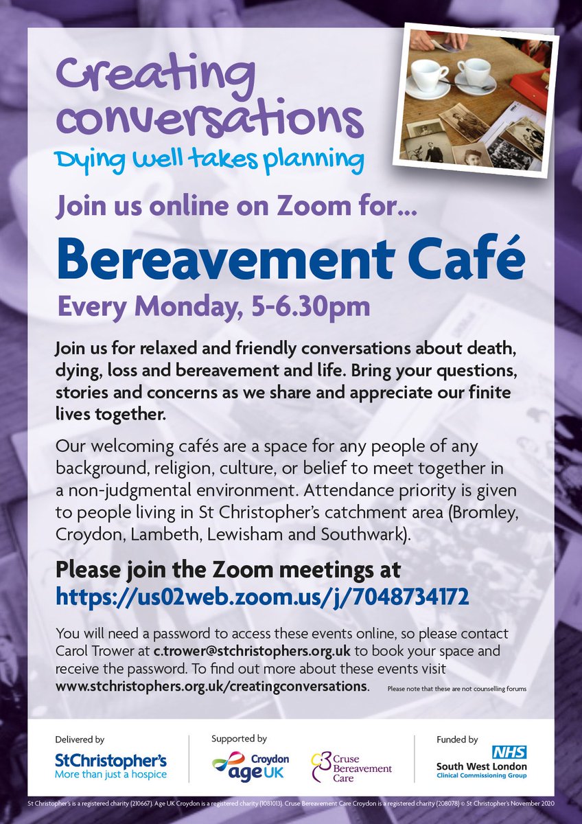 CCinCroydon's tweet photo. A reminder our #Bereavement #Cafe starts again tonight. Details on leaflet. ⁦@AgeUKCroydon⁩ ⁦@CroydonNC⁩ ⁦@CroydonNbrhoods⁩ ⁦@yourcroydon⁩ ⁦@StChrisHospice⁩ ⁦@MindinCroydon⁩ ⁦@CruseCare⁩ ⁦@informingcarers⁩ ⁦@FTiCroydon⁩ @ https://t.co/tKk0yRFoiu
