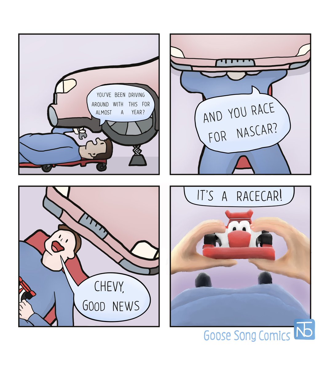 GooseSongComics's tweet photo. He was a Honda Civic. She wanted to their racecar Hannah. He wanted to name her PalindromeemordnilaP. #comics https://t.co/HKrBJZNsAM