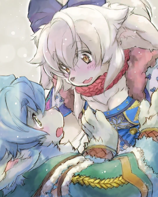 今年の新春絵がぜんぜん進んでいませんが、寒い日が続いたので、ちょっとぽかぽかする感じの絵を投下。氷でツルっと的な? 