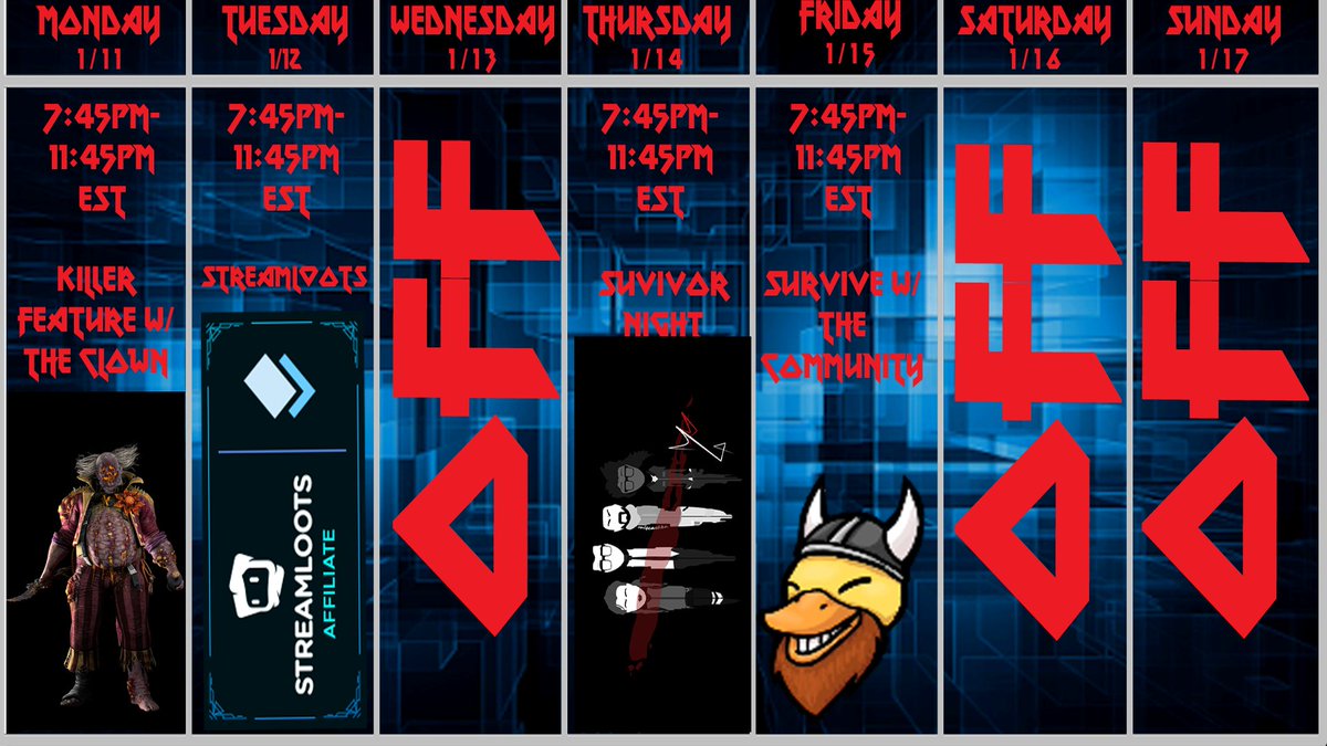 Chef_Duckie's tweet image. ATTENTION ALL!

NEW SCHEDULE FOR THE WEEK OF 1/11-1/17

ENJOY!

#TwitchStreamers #schedule #streamhype