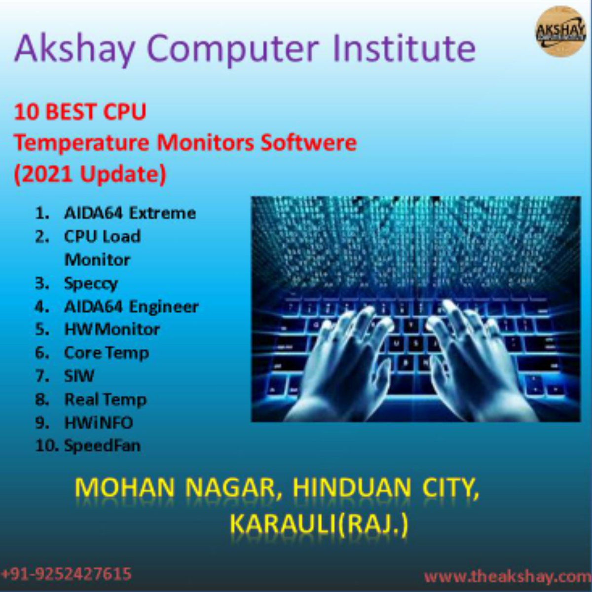 AkshayComputer9's tweet image. 10 Best CPU 
Temperature Moniters software (2021 Update).
#aci #akshaycomputerinstitute #acihindaun #computercenter #bestCPU #upcomingCPU #2021UpdateCPU #software #10bestCPUUpcomingSoftware #updatesoftware