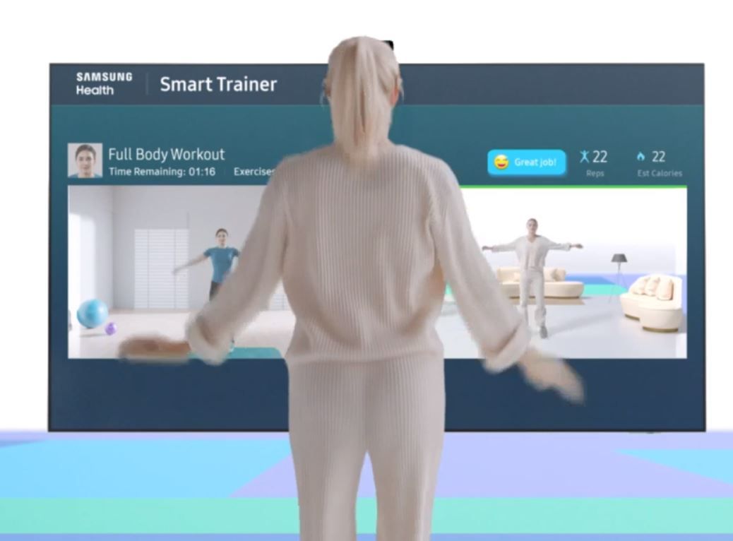 Technocracia's tweet image. El #SmartTrainer de #Samsung permite escoger rutinas de ejercicios y ver como vamos haciendo los ejercicios #CES2021