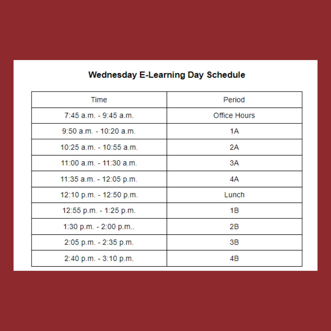 CSANewTechHS's tweet image. Check out our schedule for our first FULL week of Hybrid instruction.

Reminder: Wednesday is an eLearning day for all students, the schedule and more information about it can be found in out January 4th statement - ow.ly/XTaE50D5c4w