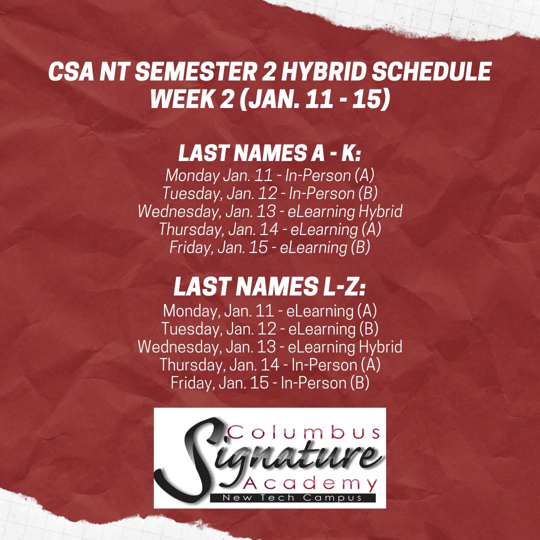 CSANewTechHS's tweet image. Check out our schedule for our first FULL week of Hybrid instruction.

Reminder: Wednesday is an eLearning day for all students, the schedule and more information about it can be found in out January 4th statement - ow.ly/XTaE50D5c4w
