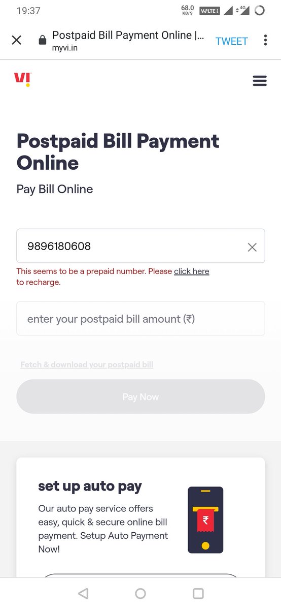Athakral786's tweet photo. @ViCustomerCare This is the turning thing. Whenever I try to pay my pending bill, it does not accept. This number I am using has been converted to prepaid and your customer care closed at 18.55 p.m. in the centre of capital of country. That's really concerning. https://t.co/NL3RShE0zz