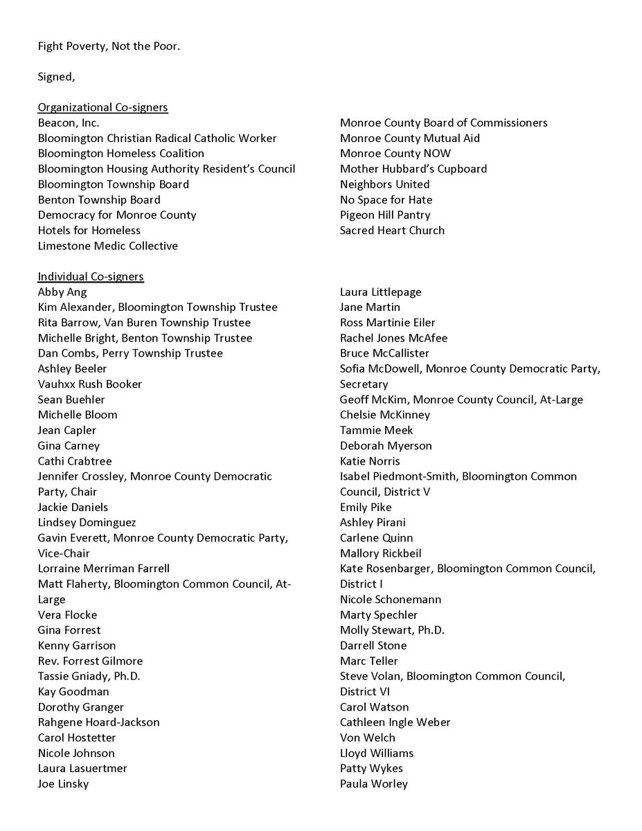 Be_A_Beacon's tweet photo. An open to letter to the Mayor to halt tonight’s eviction of people experiencing homelessness who are sleeping in Seminary Park. Signed by the Beacon Board, the Monroe County Commissioners, the Bloomington and Benton Township Boards, numerous elected officials, and more. https://t.co/mvkyVY5YtJ