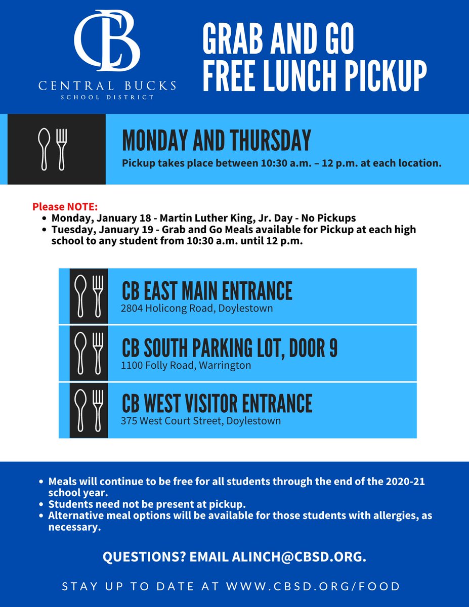 See grab and go meal reminders for CBSD families at cbsd.org/food. NOTE changes to the pickup schedule for next week!