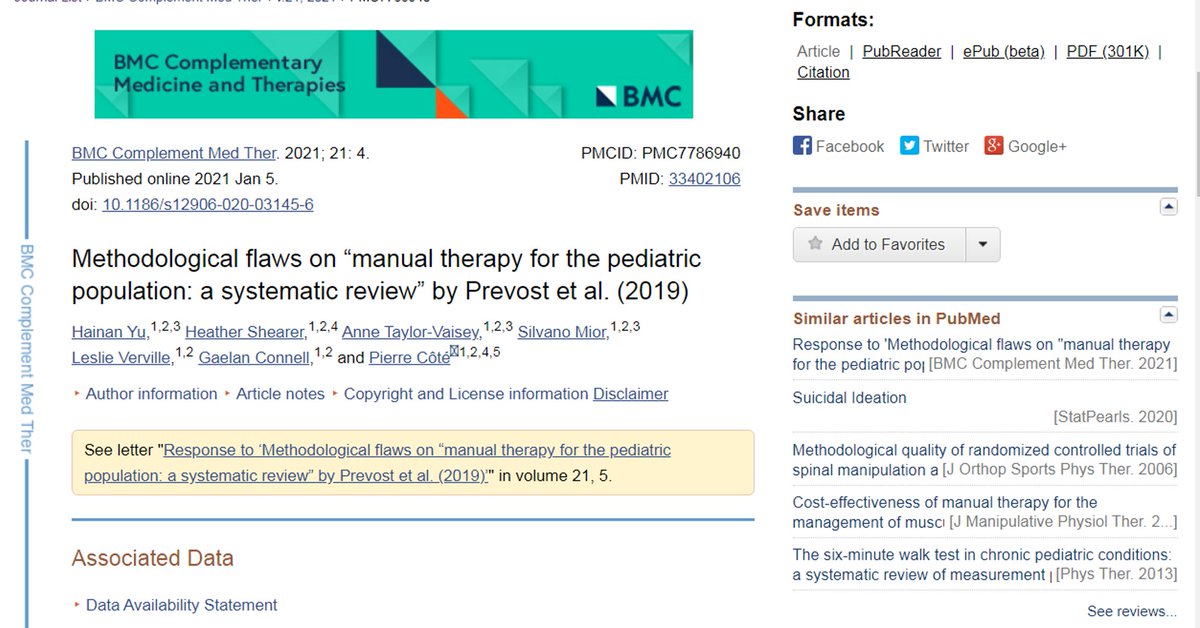 IDRResearch's tweet image. Letter to the editor (and its response) on  "Methodological flaws on “manual therapy for the pediatric population: A systematic review” by Prevost et al. (2019)" @HainanYu Heather Shearer @atvtoronto @mior_sil @leslie_verville @GaelanChiro @pierrecoteuoit
ncbi.nlm.nih.gov/pmc/articles/P…