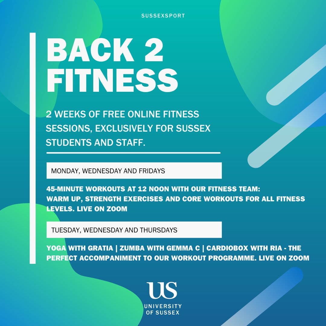 Get moving with our FREE two-week programme of live classes, exclusively for Sussex students and staff.

We have classes every weekday, and we'll soon be expanding our online offer even more - with on-demand options, workshops + much more!
￼
 📲 bit.ly/HomeWithUS