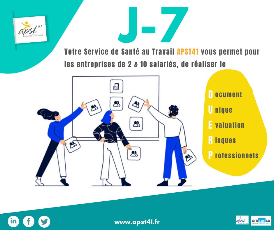 apst41's tweet photo. Cette année, l’#APST41 propose un service unique et gratuit à ses adhérents ayant un effectif de 2 à 10 salariés : le #DUERP dématérialisé. Plus d'informations prochainement sur notre site internet : https://t.co/NCl1F9IQu9 (1/8)
#padoa #santeautravail #prevention @presanse https://t.co/33MwrHaMrB