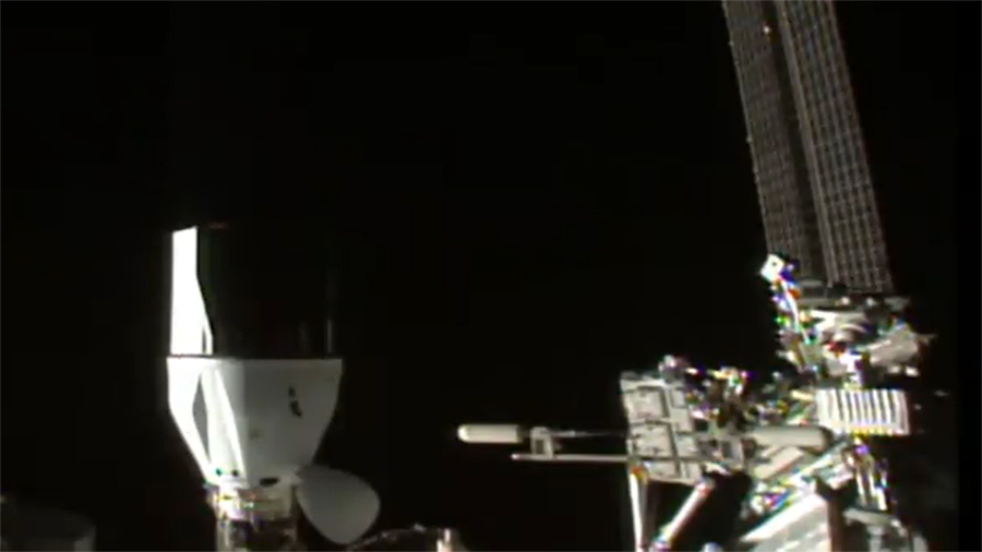 The @SpaceX #CargoDragon is seen docked to the Harmony module. Undocking has been delayed about 30 minutes to 10am ET as managers monitor weather at the splashdown zone in the Atlantic coast off Florida. https://www.nasa.gov/live
