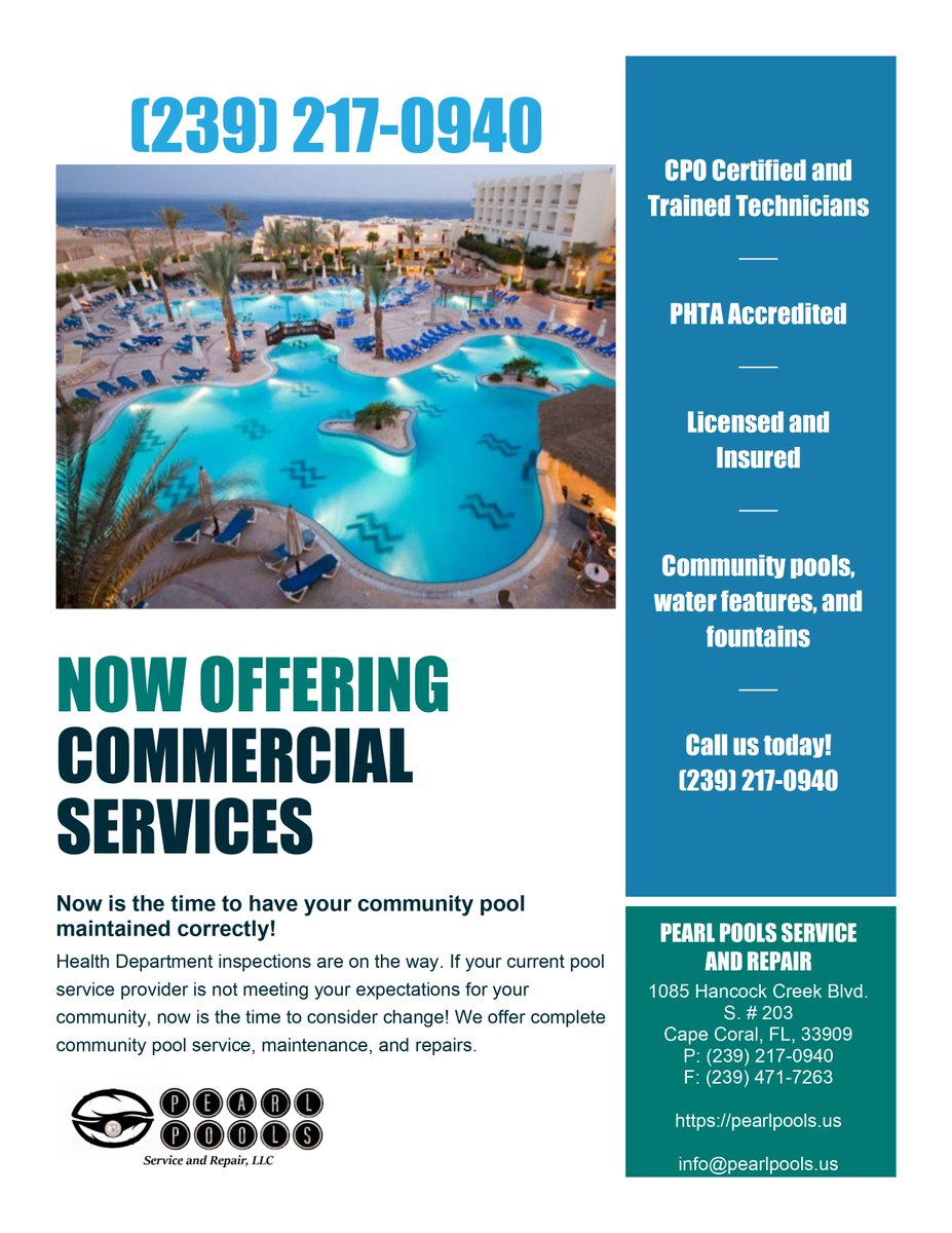 PearlPools's tweet photo. We are now offering commercial services! #pearlperfectpools #poolservice #commercialpools #letusmakeyourpoolpretty https://t.co/pcl7s0QJ2D