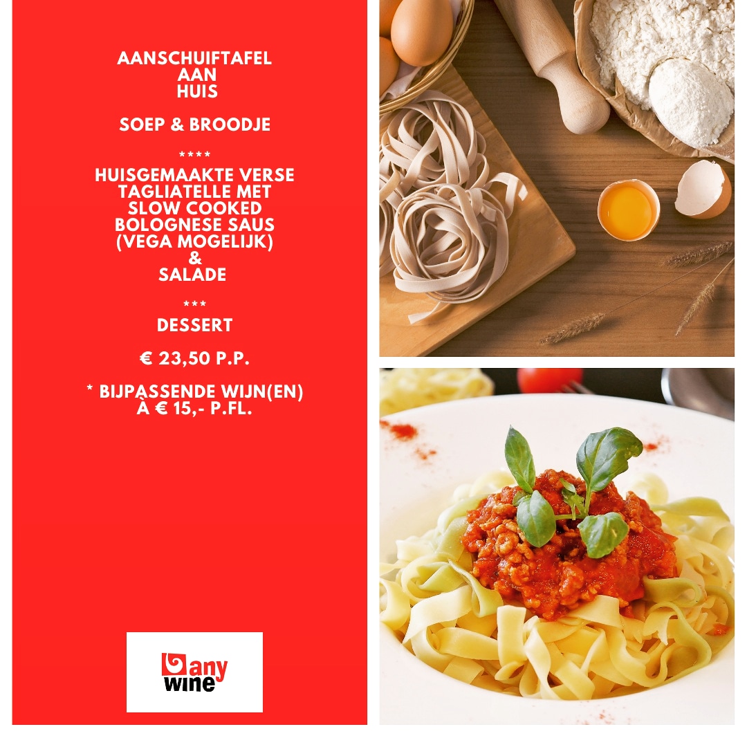 Deze week thuis aanschuiven met: huisgemaakte tagliatelle met slow cooked paprika-tomaten-rundergehakt saus (vega=mogelijk), bijpassende rode wijn erbij...mmm

#ThuisBezorgd #KoopLokaal
#LokaleOndernemers
#BezorgenInKampen
#AanschuiftafelAanHuis
