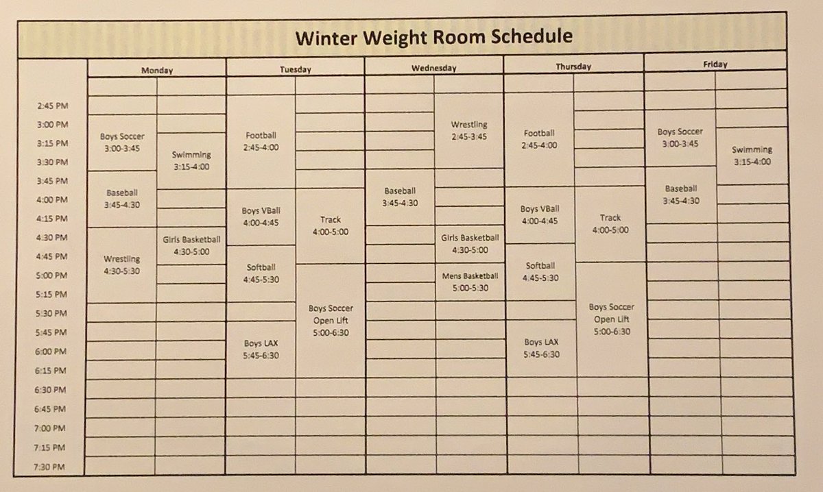 Coaches and Student Athletes! Here is the weight room schedule for this winter season. If you would like to schedule your team or adjust your time, reach out! Go Braves!