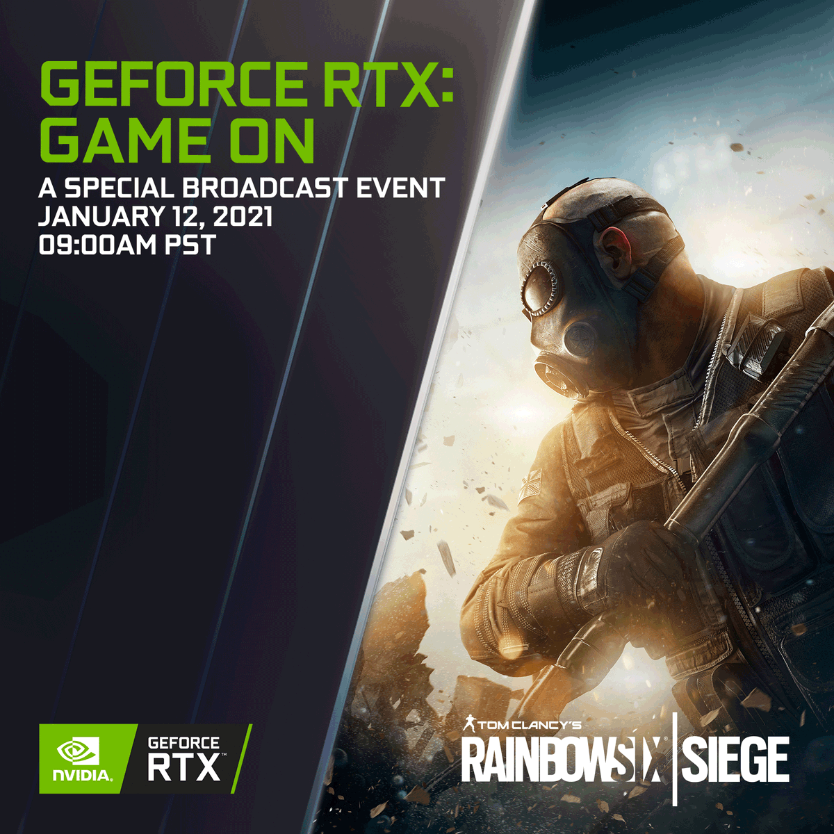 Rainbow6Game's tweet photo. Tune in tomorrow for a Rainbow Six Siege reveal during the GeForce RTX: Game On special broadcast event 👀