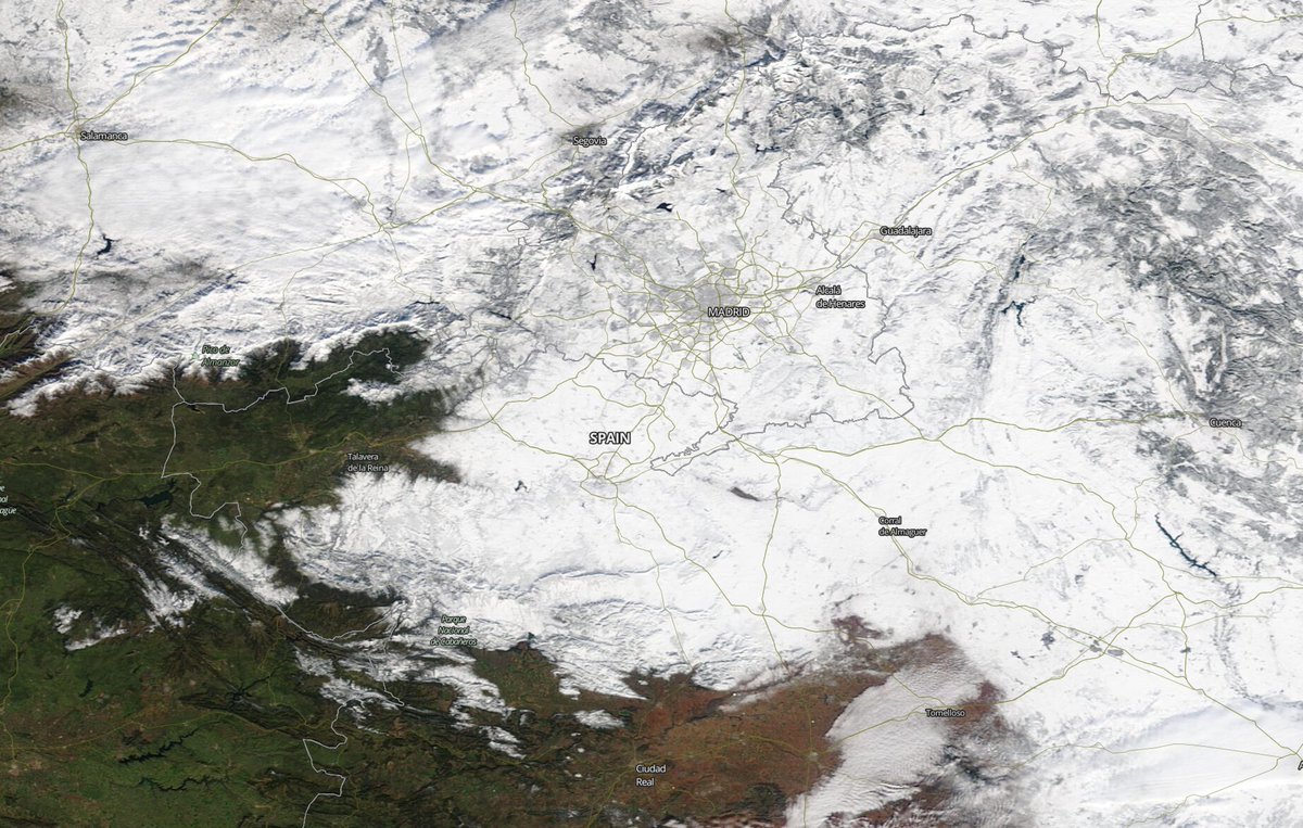 toledometeo's tweet photo. El satélite Terra/Modis nos muestra hoy el alcance de la nevada con el 75% de la provincia cubierta de nieve. https://t.co/ezh6Mhv9yE