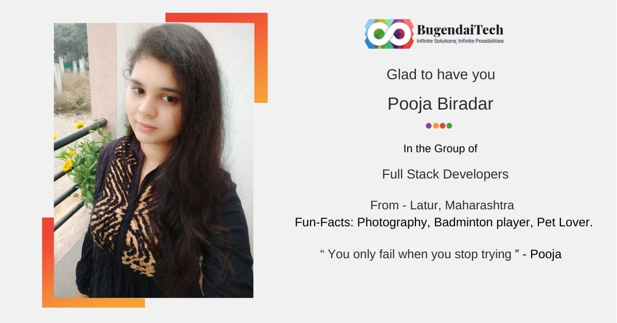 BugendaiTech's tweet photo. On behalf of Team BugendaiTech, we welcome Pooja Biradar from #Latur, #Maharashtra. 

Let us achieve great success as we bank upon this wonderful journey together! 

#BugendaiOhana #lifeatbugendaitech  #fullstack  #html #css #onboarding #remotehiring https://t.co/V3pwkBewFL