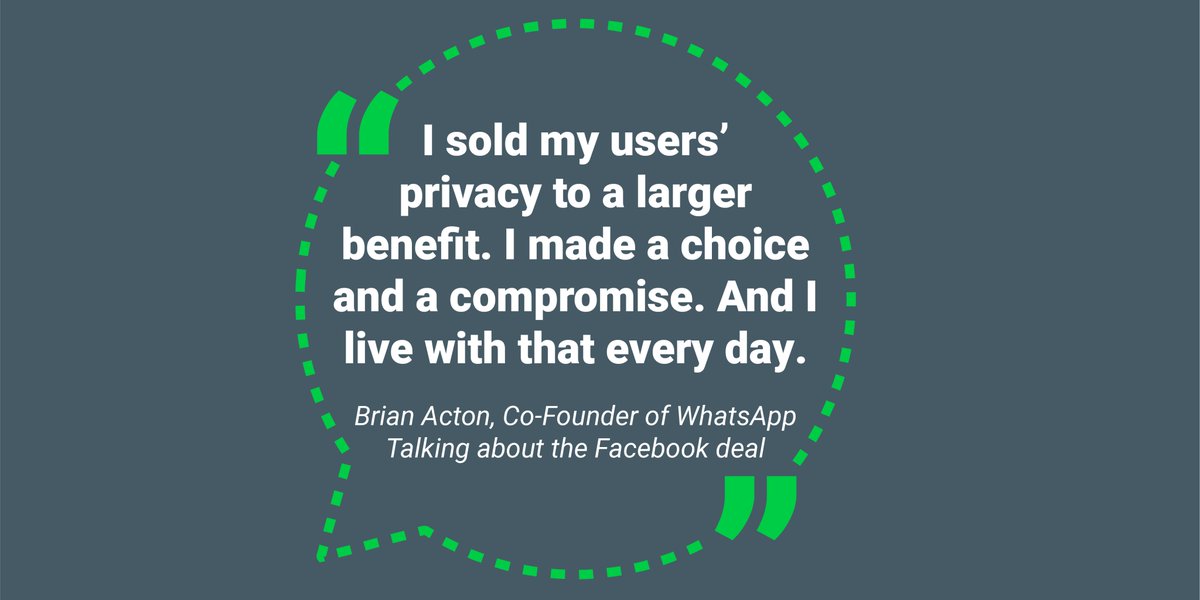 WhatsApp users can no longer opt-out of sharing their information with Facebook. 

This isn’t surprising at all - WhatsApp’s co-founder admitted he sold his users’ privacy for profit in 2018!

#privacymatters