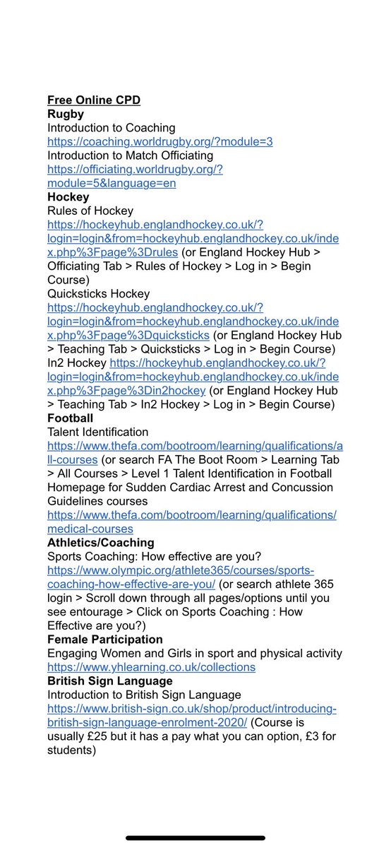 MiaTaylor1998's tweet photo. A lot of trainees not on placement at the moment, yet still looking to strengthen their subject knowledge. Below is a list of free sport/PE CPD I completed and put together after the first lockdown. Feel free to share. I can share doc/links also if required🙌🏼 https://t.co/95tJzBappi