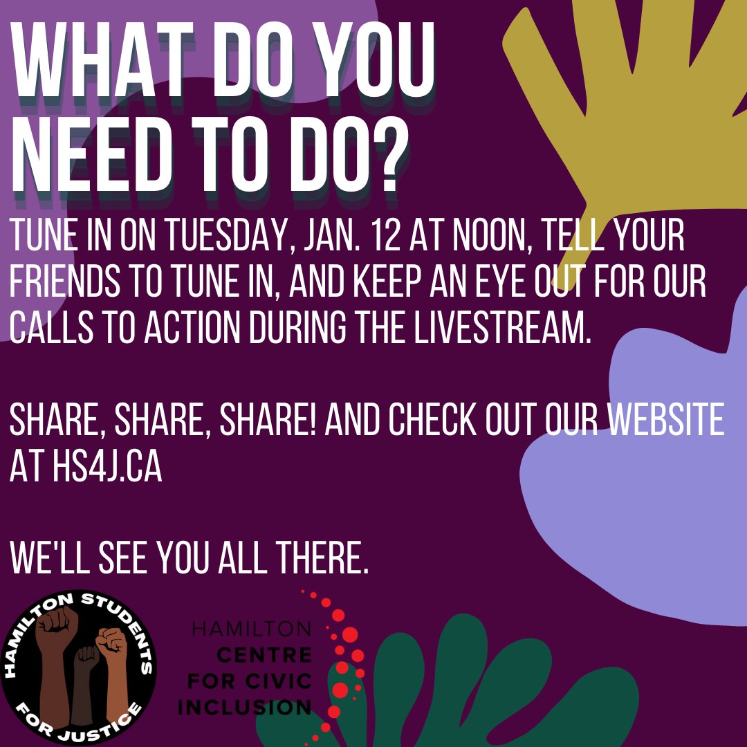 TOMORROW IS THE BIG DAY 🎉 

HS4J is hosting a panel to speak on racism &amp; policing in our schools. Student voices WILL be heard when it comes to the need for police-free schools. 

MAKE SURE YOU TUNE IN TMRW AT NOON on FB, Twitter, and IGTV!

#HamOnt #onpoli #policefreeschools