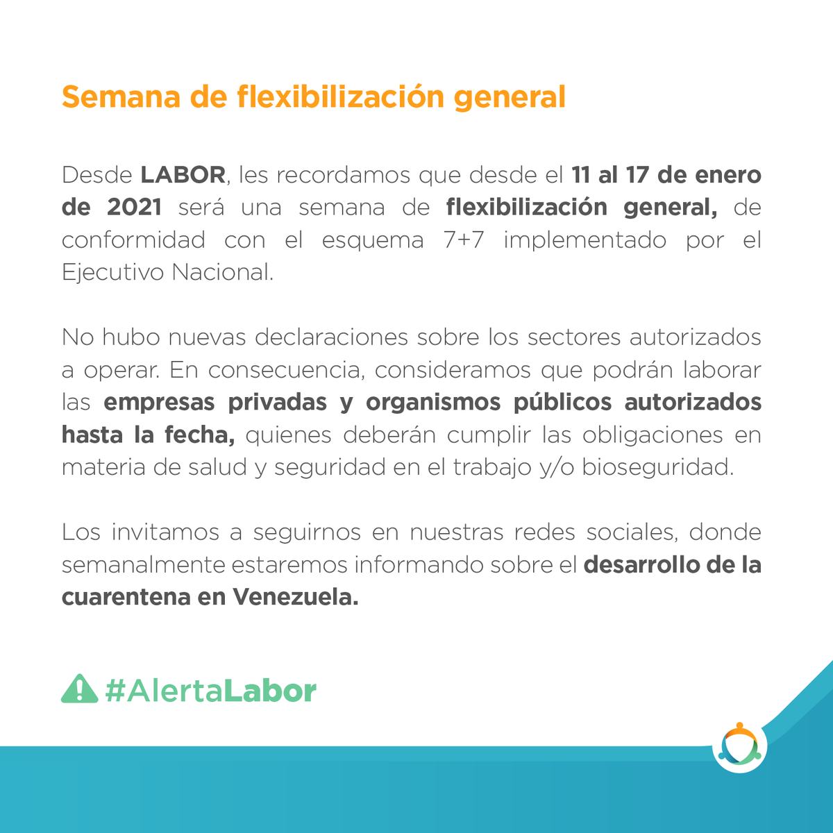 LaborGG's tweet photo. #AlertaLabor:

Se mantiene el esquema 7+7, por lo que esta semana es de #Flexibilización general. 

Los invitamos a seguirnos en nuestras redes sociales, donde semanalmente estaremos informando sobre el desarrollo de la cuarentena en #Venezuela. https://t.co/VqxCvhnZQE