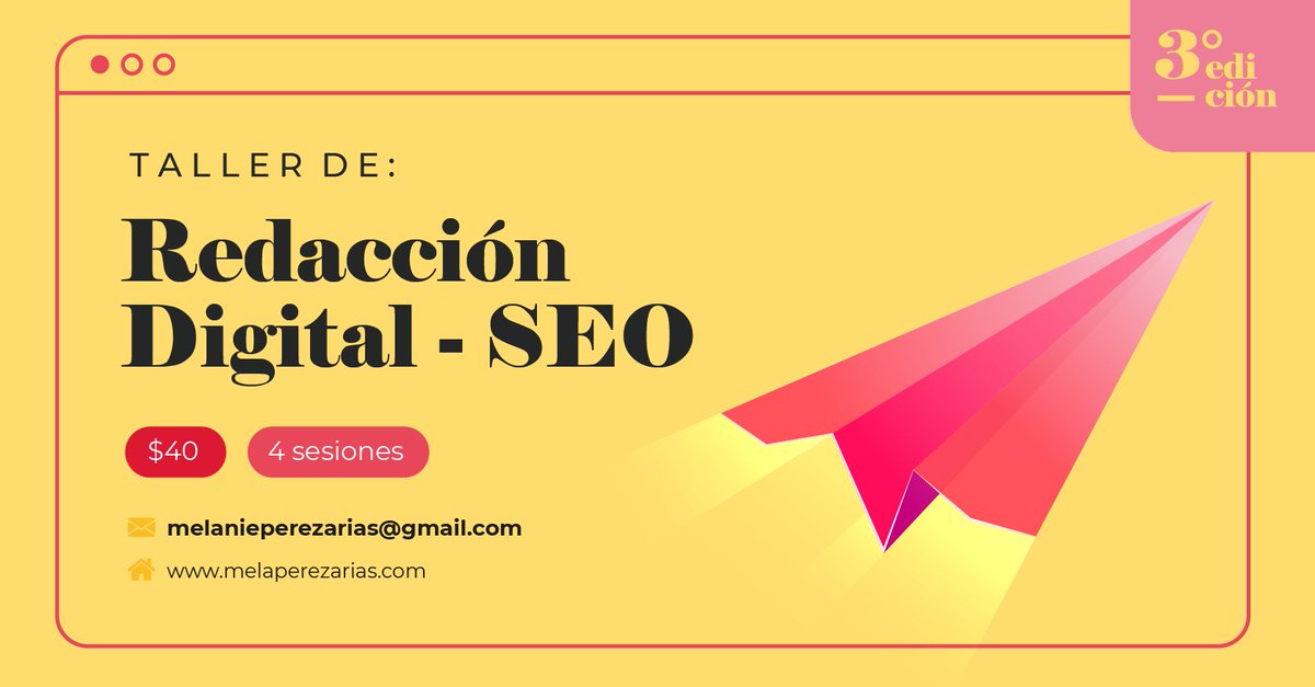 MelaPerezArias's tweet photo. Amigos, esta edición del "Taller de Redacción SEO para principiantes" será los martes y jueves: 26 y 28 de enero / 2 y 4 de febrero de 6 a 8 pm - Hora Lima. 

Son 4 sesiones / 8 horas en total - Vía Zoom 
Becaré a las 2 primeras personas que me escriban 💛 
¡Pasen la voz! https://t.co/9ALC5UkceR