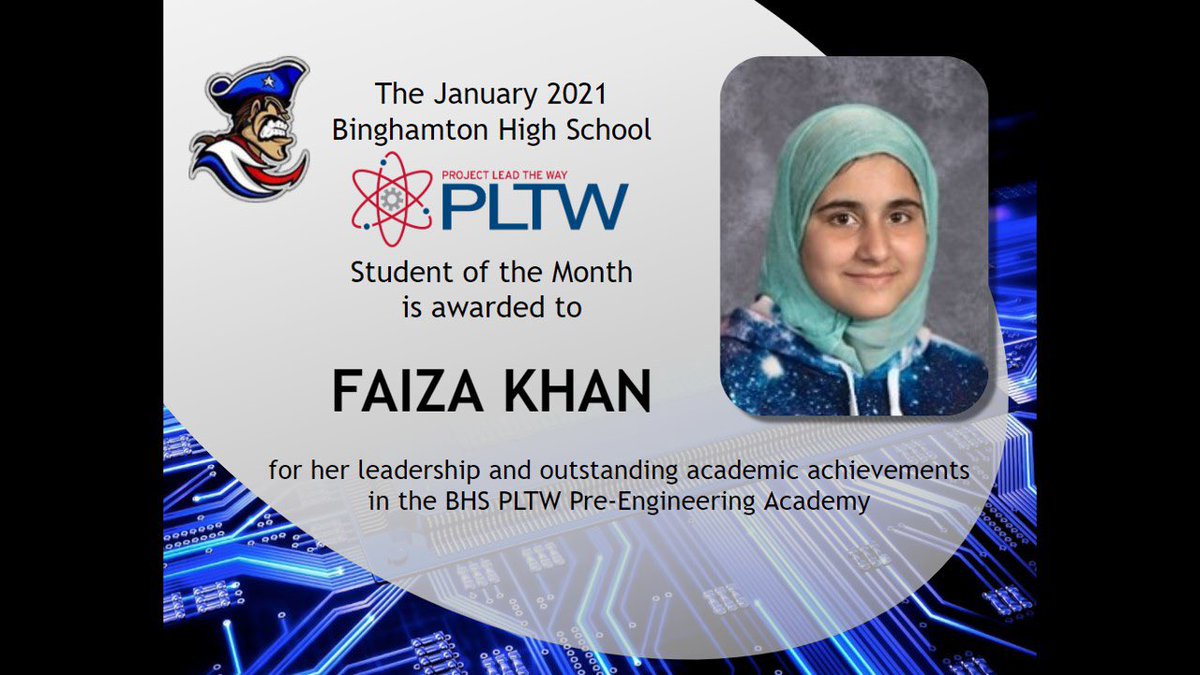 BinghamtonCSD's tweet photo. The January 2021 Binghamton High School Project Lead the Way Student of the Month is awarded to 
FAIZA KHAN for her outstanding leadership and academic achievements in the BHS PLTW Pre-Engineering Academy.

Congratulations FAIZA! https://t.co/Lag1ITBfj5