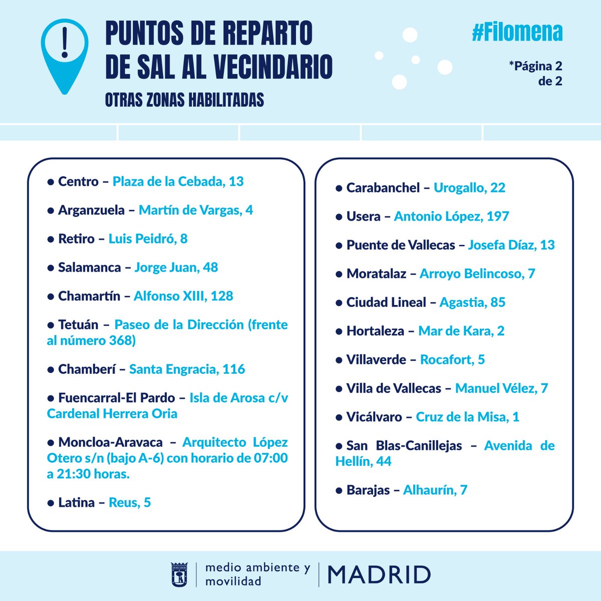 🔴 Hemos ampliado los puntos donde puede recogerse sal. 

El horario de recogida será de 8.00 a 20.00 h.

Infórmate de los más cercanos a tu domicilio.👇

#Filomena #filomenamadrid