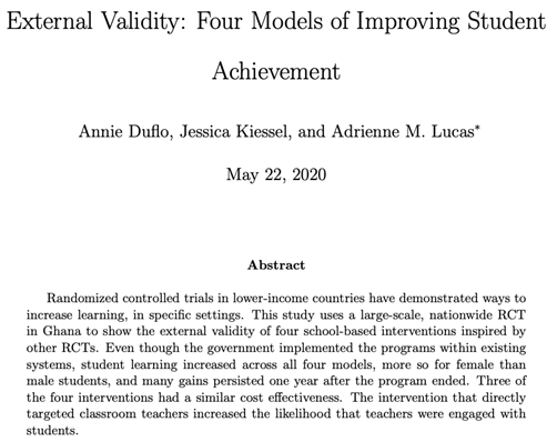 In Ghana, training teachers to target instruction to children’s learning levels by dividing the class by ability group for part of the day increased student learning.  https://www.poverty-action.org/sites/default/files/publications/duflo%20kiessel%20lucas%20202005%20external%20validity.pdf Duflo et al. by 2020