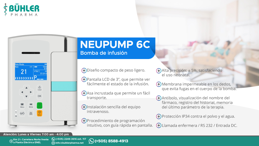 Bomba de infusión Neupump 6C
✅ Diseño compacto de peso ligero.
✅ Instalación sencilla del equipo intravenoso.
✅ Alta precisión: ± 5%, satisfaciendo el uso neonatal.
Puede contactarnos:
📲 8588-4913 wa.link/fx010z
☎️ 2249-3616 ext. 117
✉️ info@buhlerpharma.net