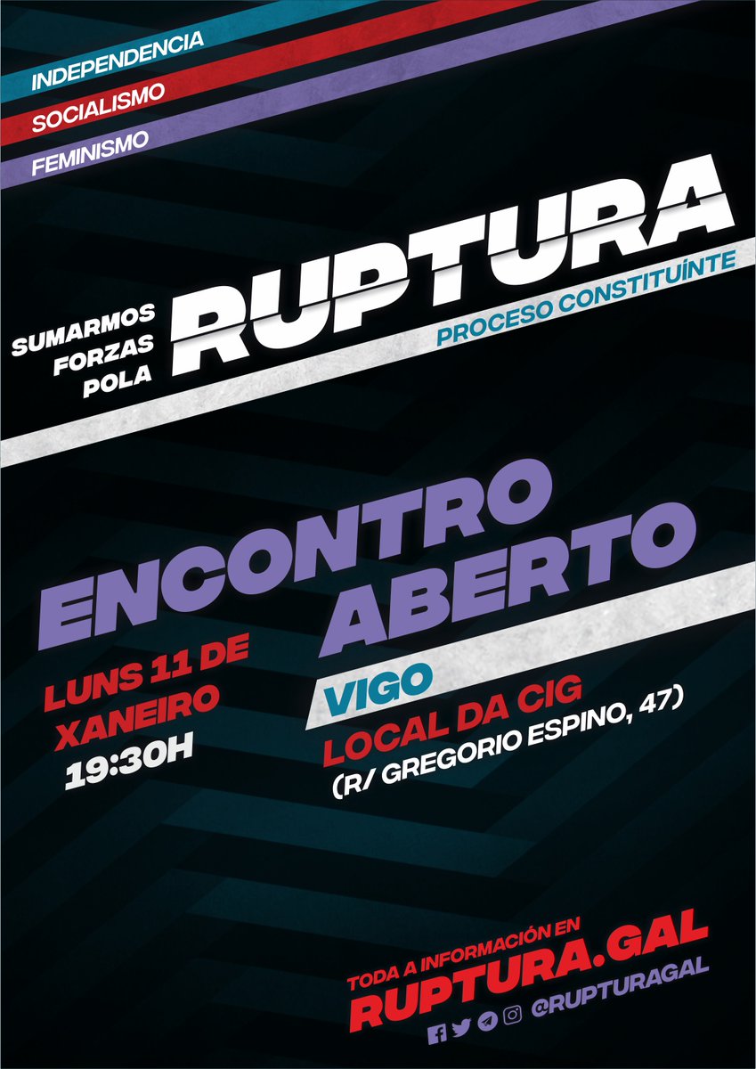 🔴 Recorda!

Hoxe luns 11 de xaneiro terá lugar un encontro aberto en Vigo, no local da CIG (Gregorio Espino, 47).

Queremos que este proceso sexa o máis participativo posíbel e que toda a xente se involucre nel en pé de igualdade ✊.

Participa 👉 ruptura.gal