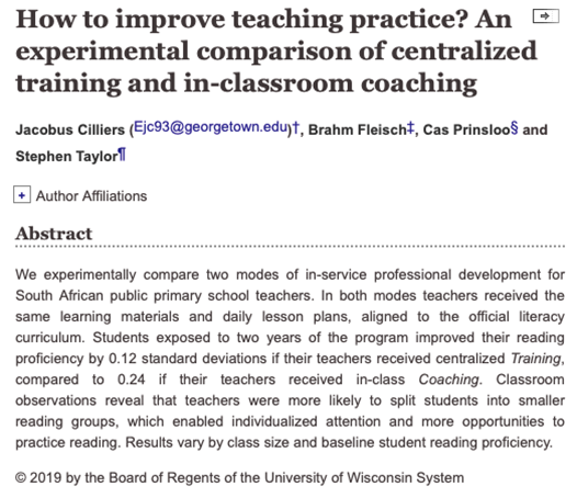 In South Africa, Cilliers et al. tested traditional, centralized training for teachers versus in-class coaching, with the impact of coaching more than double that of centralized training.  http://jhr.uwpress.org/content/early/2019/02/04/jhr.55.3.0618-9538R1 by  @JacobusCilliers et al. 2019