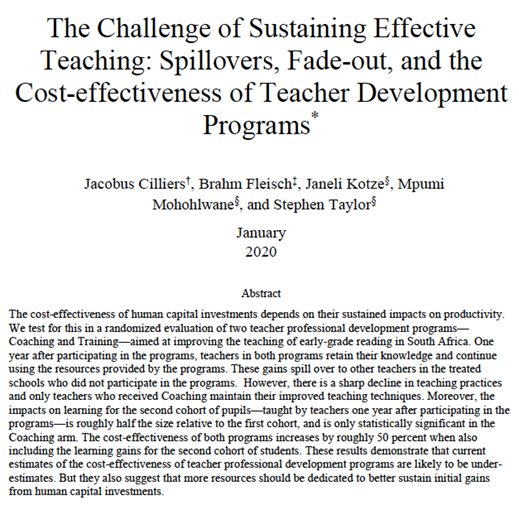 In the subsequent cohort of students, only those with teachers who benefitted from coaching (not centralized training) show sustained learning gains (and even those have shrunk). Sustained coaching needed! https://www.dropbox.com/s/6xmv7283oxoysj2/The%20Challenge%20of%20Sustaining%20Effective%20Teaching%20with%20appendix.pdf?dl=0 by  @JacobusCilliers et al. 2020
