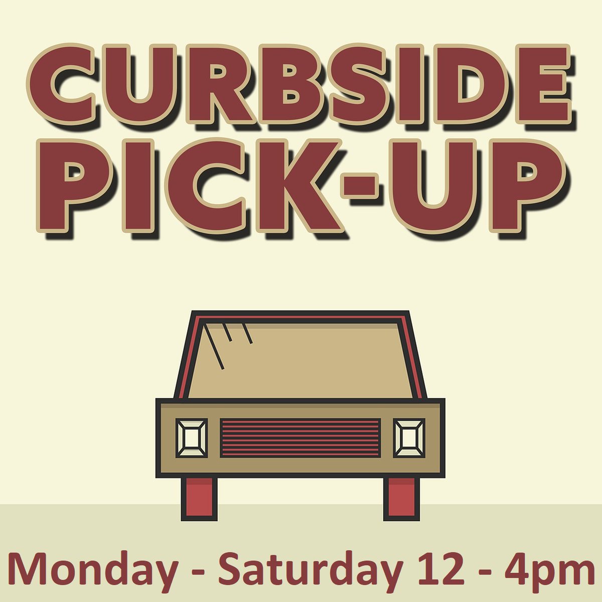 A bit of good news to start your Monday: we're able to start curbside service this Thursday! Hours will be Monday - Saturday 12-4pm.