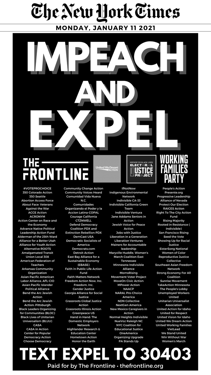 PA Stands Up (@pastandsup) on Twitter photo Today, <a href="/WeJoinFrontline/">The Frontline</a> in taking out a <a href="/nytimes/">The New York Times</a> ad calling on Congress to impeach and expel Trump and the 8 senators and 139 representatives who voted against the election results, including <a href="/RepScottPerry/">Rep. Scott Perry</a>, <a href="/RepSmucker/">Rep. Lloyd Smucker</a> <a href="/MikeKellyPA/">Rep. Mike Kelly</a> + other PA GOP Reps.
#ImpeachAndExpel Today, <a href="/WeJoinFrontline/">The Frontline</a> in taking out a <a href="/nytimes/">The New York Times</a> ad calling on Congress to impeach and expel Trump and the 8 senators and 139 representatives who voted against the election results, including <a href="/RepScottPerry/">Rep. Scott Perry</a>, <a href="/RepSmucker/">Rep. Lloyd Smucker</a> <a href="/MikeKellyPA/">Rep. Mike Kelly</a> + other PA GOP Reps.
#ImpeachAndExpel