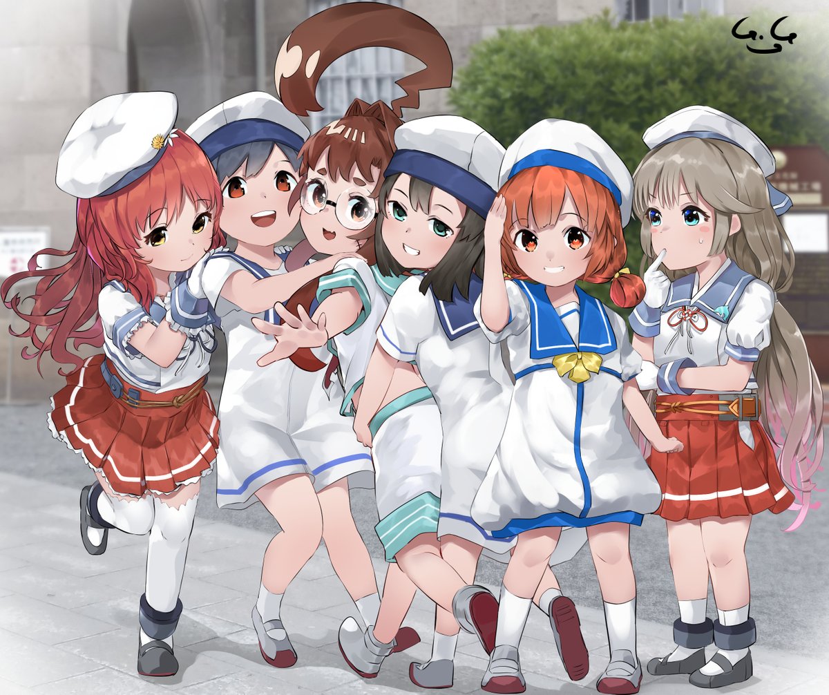 kuma (kancolle) sailor hat sailor collar red skirt sailor shirt multiple girls hat blue sailor collar  illustration images