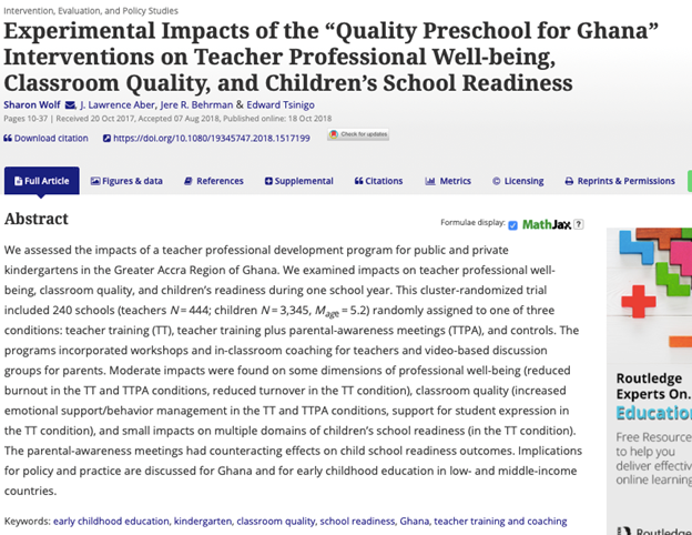 In Ghana, teacher training for preschool teachers led to small increases in children’s school readiness. But when that training was coupled with parental awareness meetings, the outcomes were reversed! (Read the paper.)  https://www.tandfonline.com/doi/full/10.1080/19345747.2018.1517199 by  @WolfsSharon et al. 2018