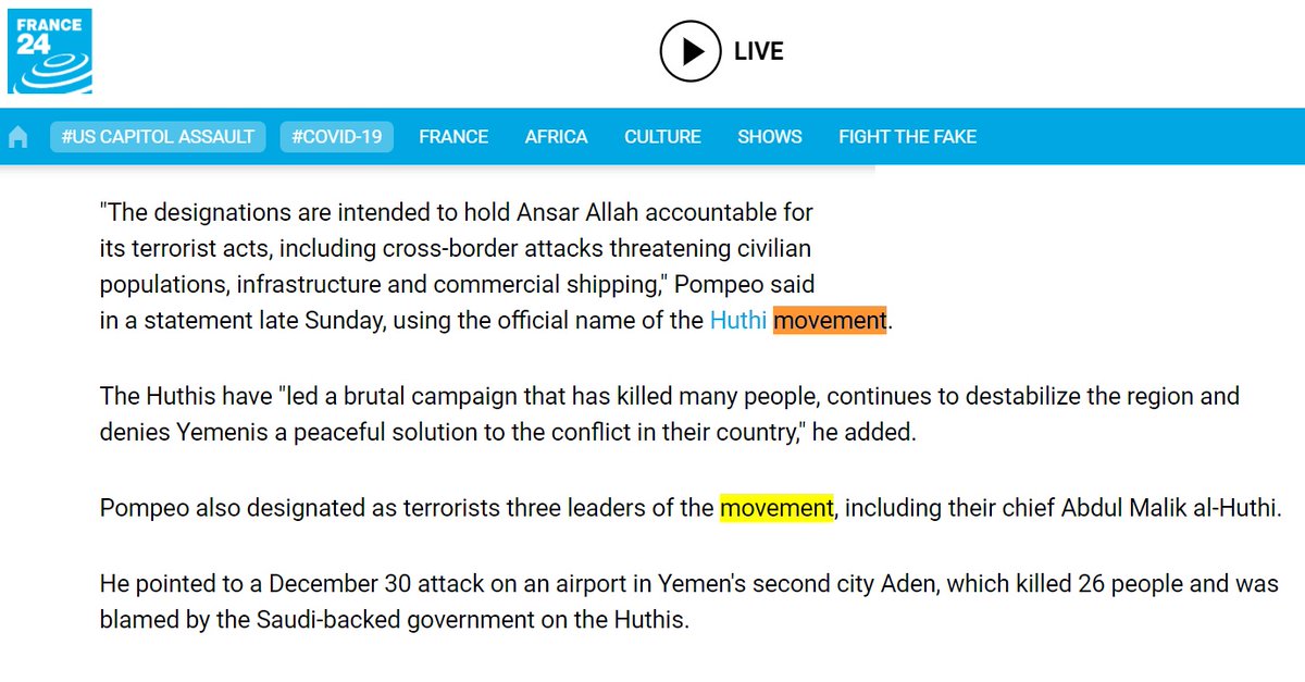 14)MSM carefully plays its role of whitewashing the crimes of the  #Iran-backed Houthi terrorists by labeling them as a “movement.” @nytimes @AJEnglish  @reuters @FRANCE24  #FakeNews