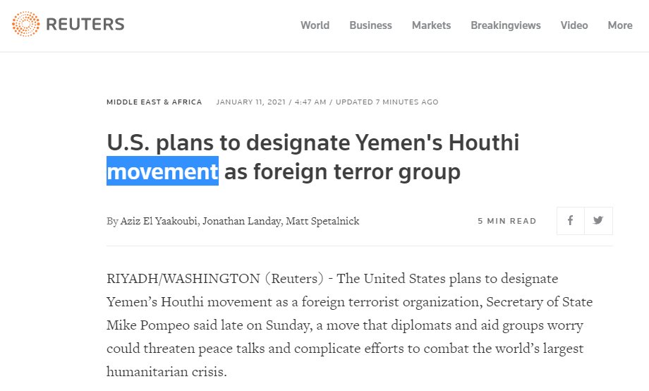 14)MSM carefully plays its role of whitewashing the crimes of the  #Iran-backed Houthi terrorists by labeling them as a “movement.” @nytimes @AJEnglish  @reuters @FRANCE24  #FakeNews