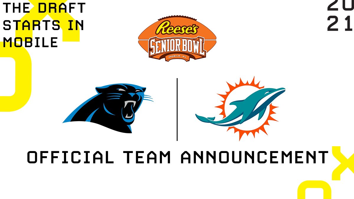 seniorbowl's tweet photo. It’s official! Please welcome the @MiamiDolphins and the @Panthers to the 2021 @Reeses Senior Bowl! #KeepPounding #FinsUp 
#TheDraftStartsInMOBILE 

https://t.co/UpP6TLJ6S5 https://t.co/YJmcMscJi7