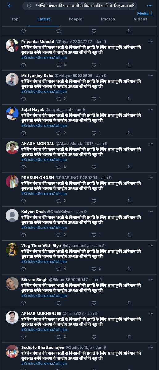 Here is an example of the Hindi Tweets which are echoed from the list of Tweet text packets and copied onto Twitter by the network.It will be important to monitor the buildup for the  #Bengal Elections for widespread propaganda campaigns like this.