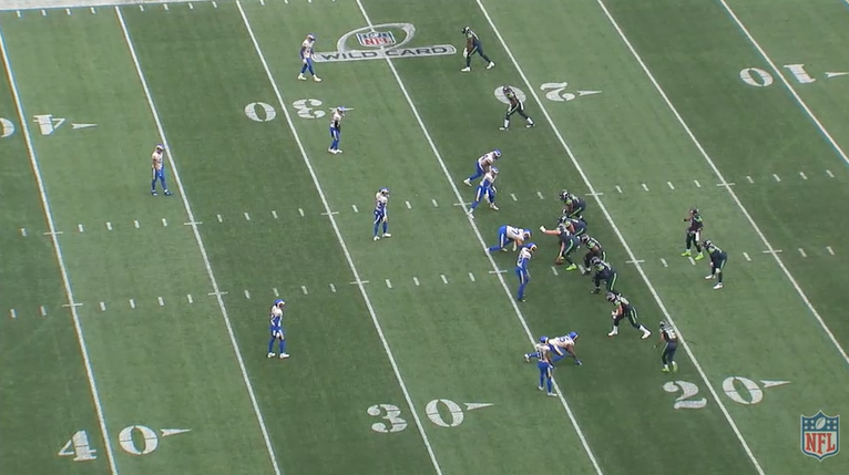 This is the initial alignment prior to the snap, and on which Wilson bases his pre-snap reads.Rams show 2 high safeties, which leads to Wilson to check to an intermediate/underneath route.