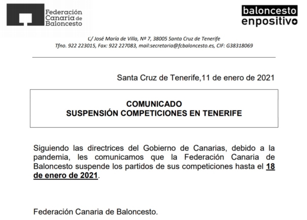 🚨 Siguiendo las directrices del Gobierno de Canarias, debido a la pandemia, les comunicamos que la <a href="/FCBaloncesto/">Federación Canaria de Baloncesto</a> suspende los partidos de sus competiciones hasta el 18 de enero de 2021.