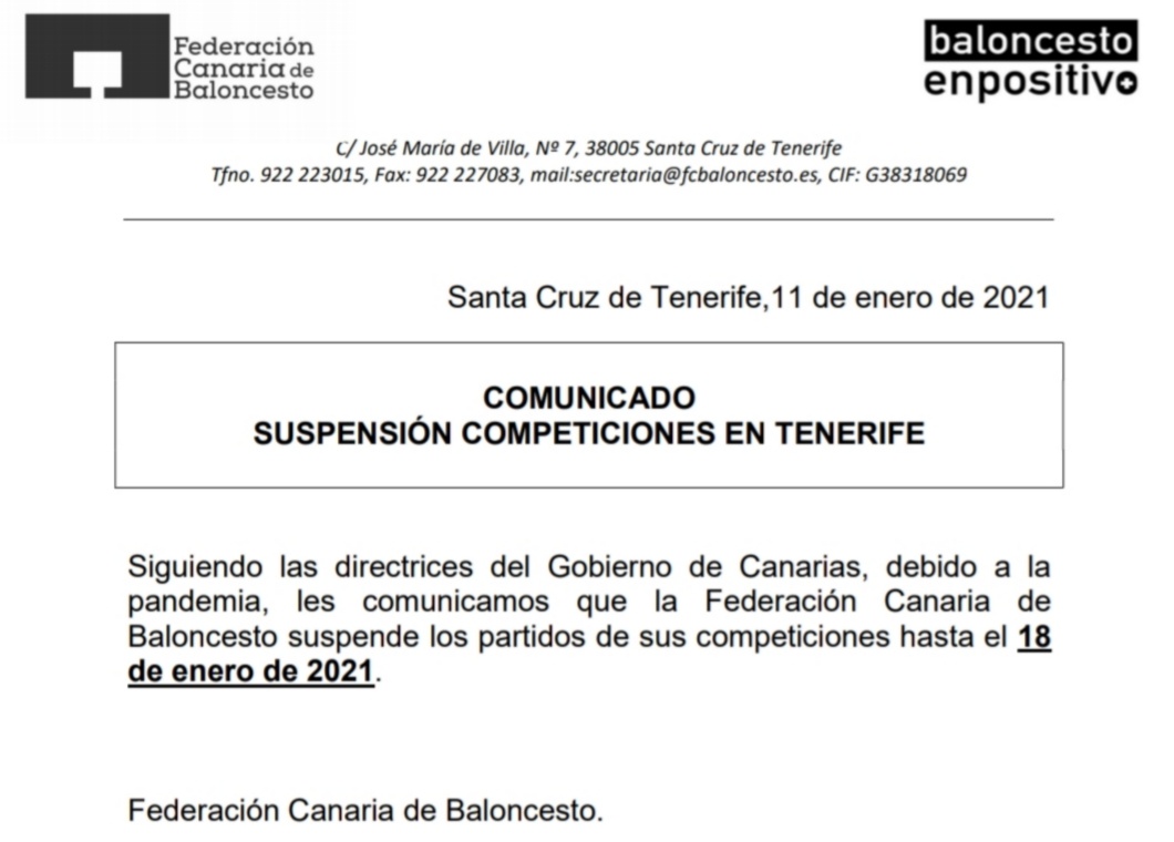 🚨 Siguiendo las directrices del Gobierno de Canarias, debido a la pandemia, les comunicamos que la @FCBaloncesto suspende los partidos de sus competiciones hasta el 18 de enero de 2021.
