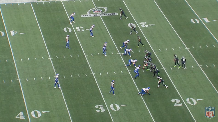 Here is the formation at the time of the snap.Lockett has motioned to the far side of the formation. The top safety has crept up and the CB on Metcalf on the far side has backed off, signs that the Rams are playing single high, but Russ has already checked to the short game.